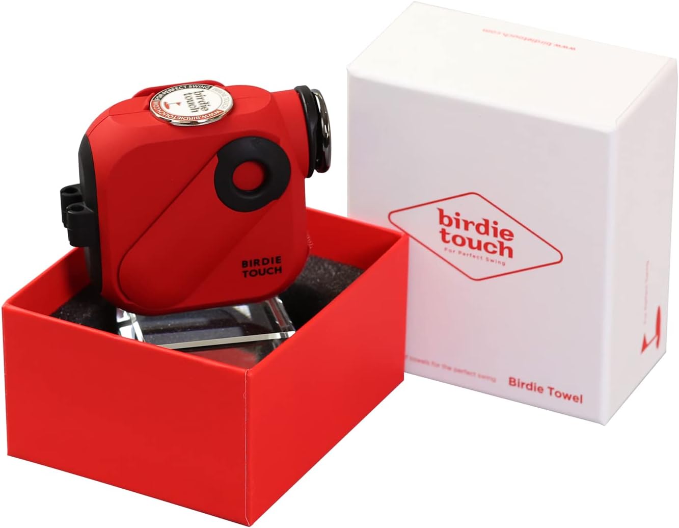 Birdie Towel Red | Golf Multi Tool | Auto-Winding Towel | Divot Tool | Ball Marker | Tee Holder | Velcro for Attaching Gloves | All-in-ONE | Compact Size | Ideal Gift for Golfers