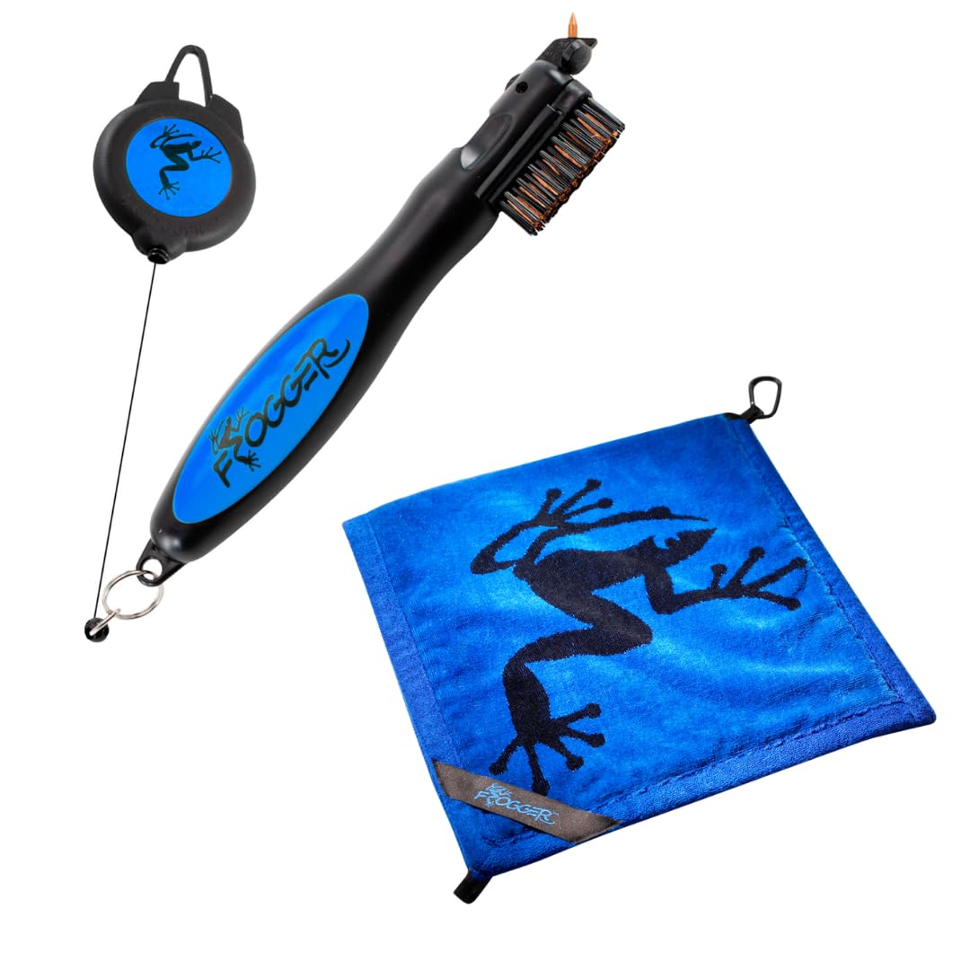 Frogger BrushPro and Amphibian Towel Bundle - Golf Brush and Groove Cleaner with Ergonomic Grip and Golf Club Wet/Dry Towel - Golf Course Essentials, Blue