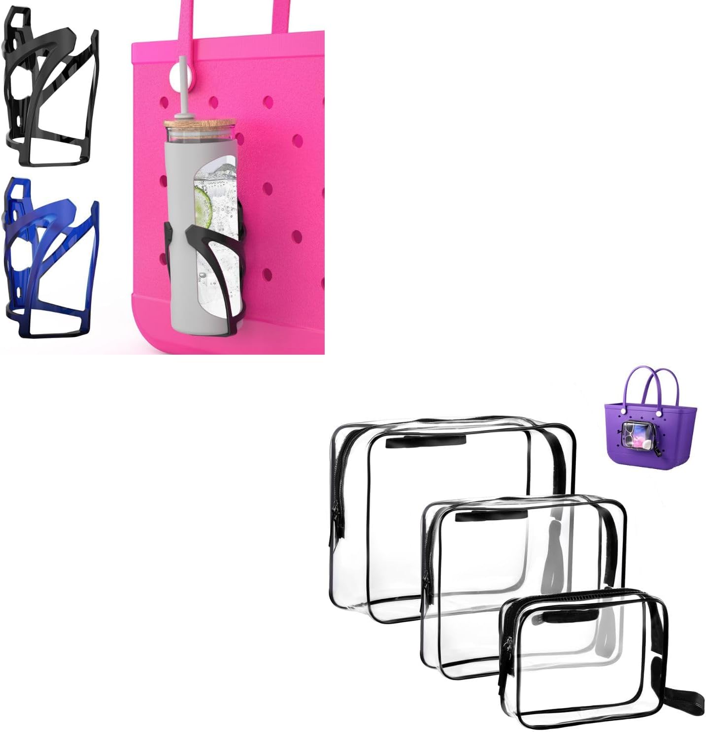 OUTXE 2 Pack Cup Holder for Bogg Bag, OUTXE 3 Pack Clear Insert Bag for Bogg Bag Accessories, Zipper Insert Pouch for Bogg Bag, Waterproof Clear Inner Bags Compatible with Bogg Bag