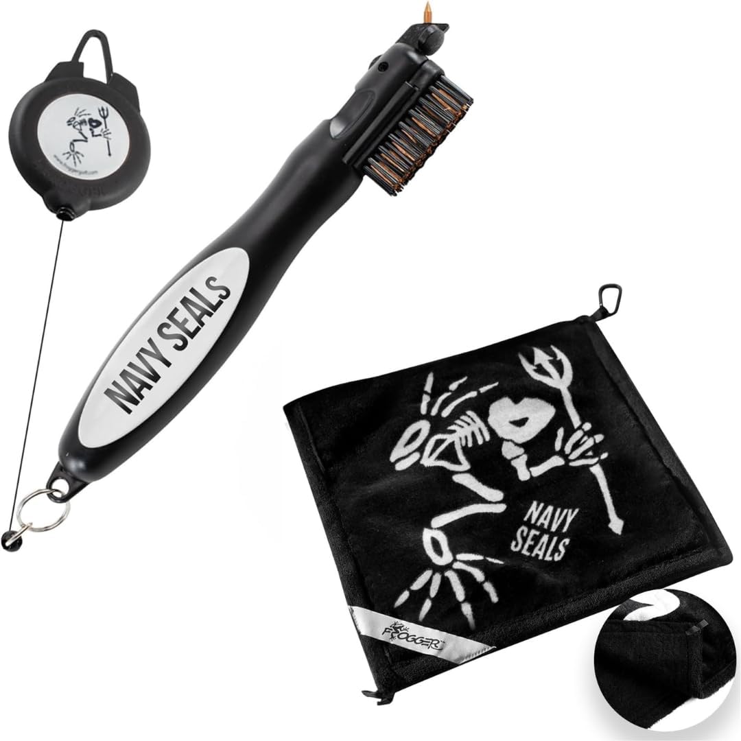 Frogger BrushPro and Amphibian Towel Bundle - Golf Brush and Groove Cleaner with Ergonomic Grip and Golf Club Wet/Dry Towel - Golf Course Essentials, Navy Seals