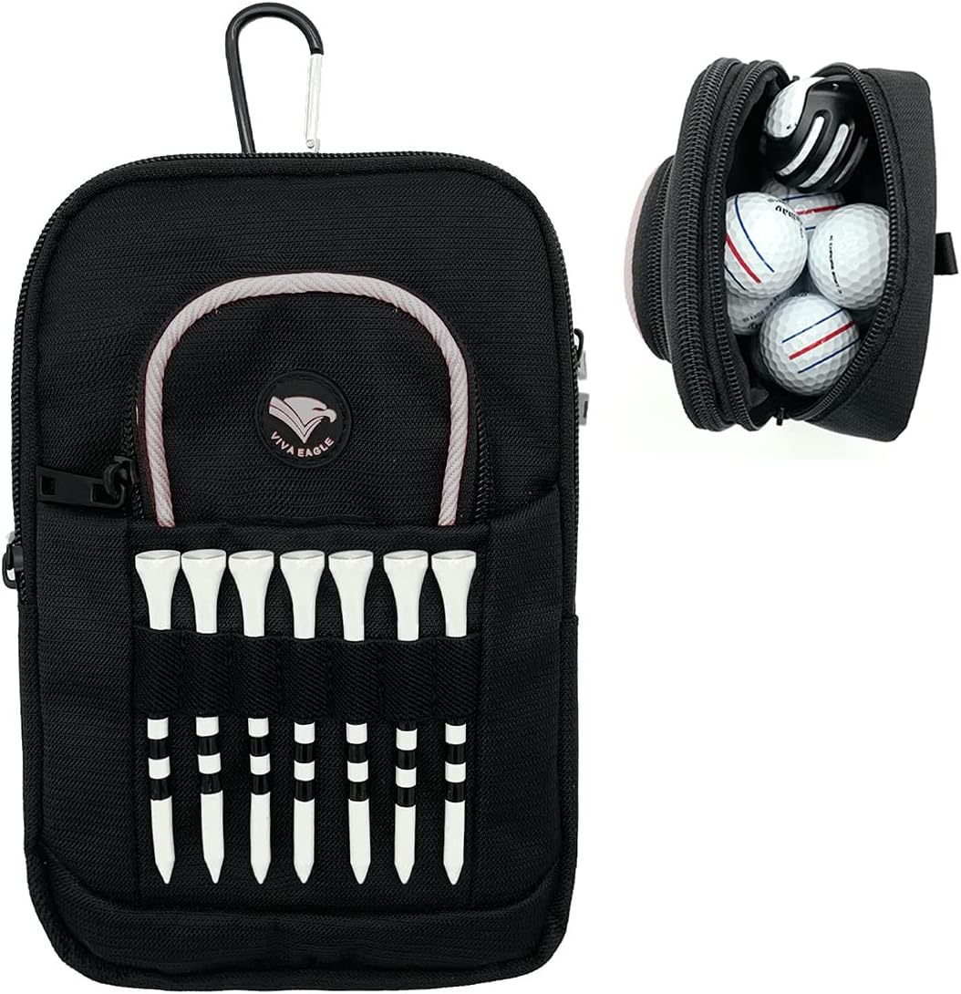 Golf Ball Bag Pouch with Front Tee Holder with Detachable Clip | Store 12-15 Balls | Zipper Pockets for Valuables and Accessories | Velcro Sleeve and 7 Front Tees Slots |Includes Bamboo Tees 3 1/4 in