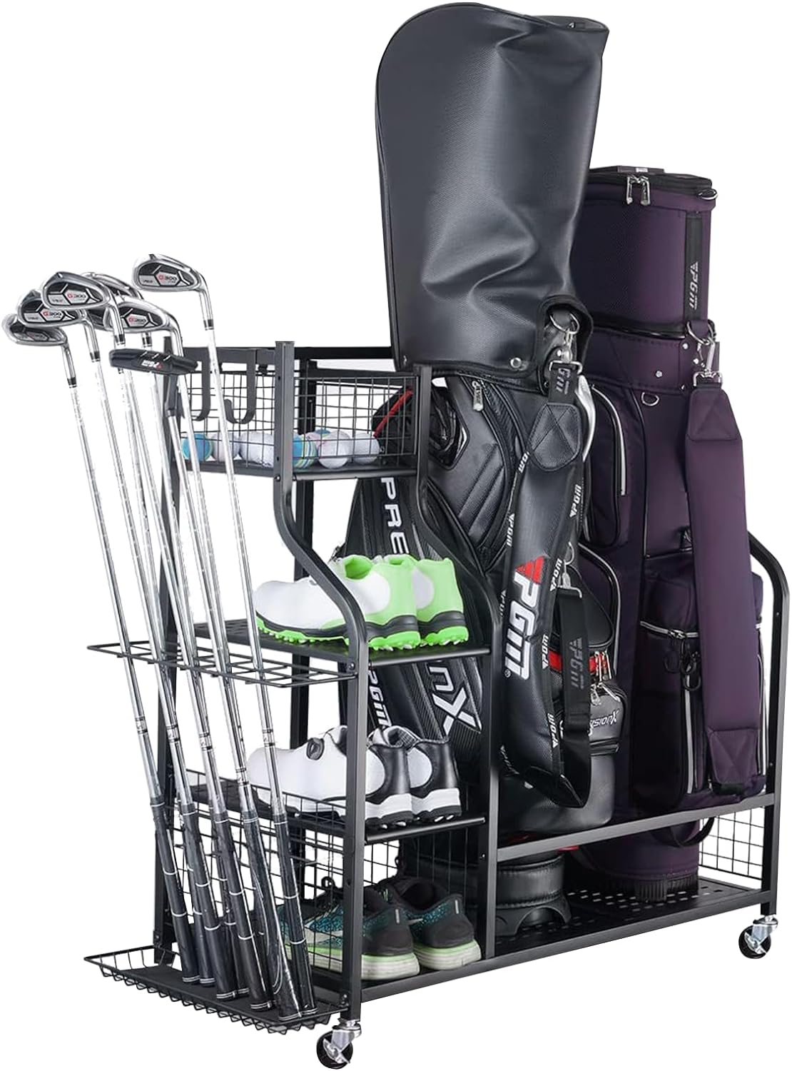 Golf Bag Storage Organizer, Golf Organizer Fits 2 Golf Bags and Other Sports Equipment,Golf Accessories, Extra Large Size Golf Golf Equipment Rack for Garage, Shed, Basement