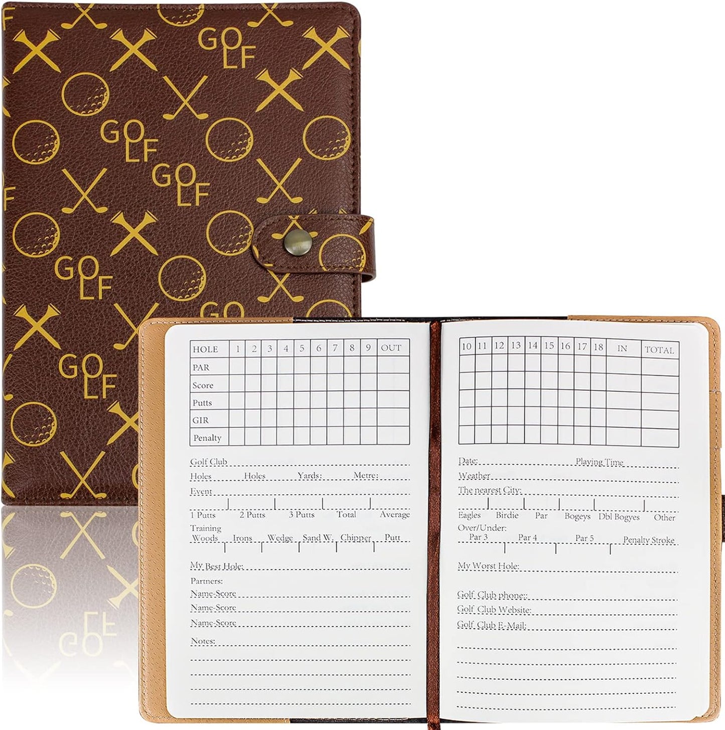 Crestgolf Leather Golf Scorecard Holder with Templated 200 Pages, Golf Log Book, Golf Scorecard Yardage Book Golf Gifts for Men&Women, Golf Score Book Golf Bag Accessories(Brown)