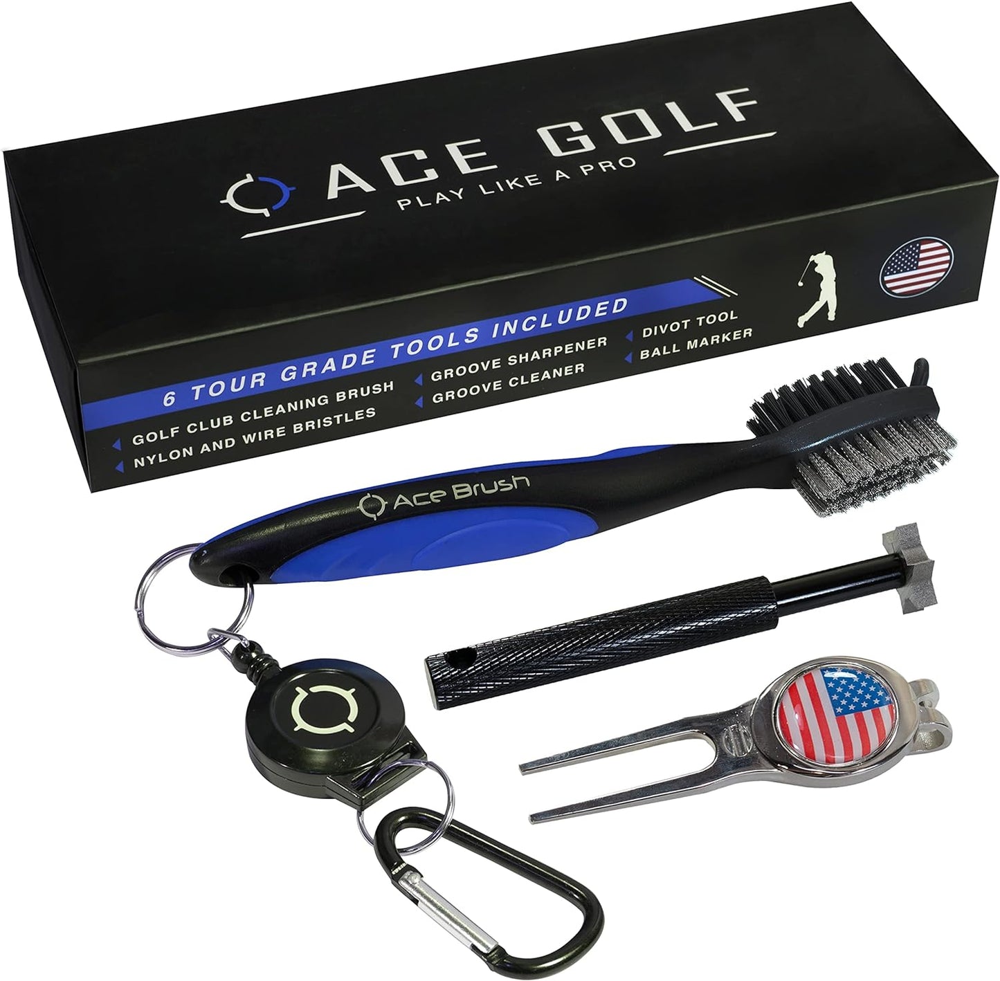 Golf Brush and Club Groove Cleaner Set with Divot Tool, Ball Marker, Groove Sharpener, 2 Ft Retractable Zip-line Aluminum Carabiner, Lightweight, Ergonomic Design, Attaches Golf Bags