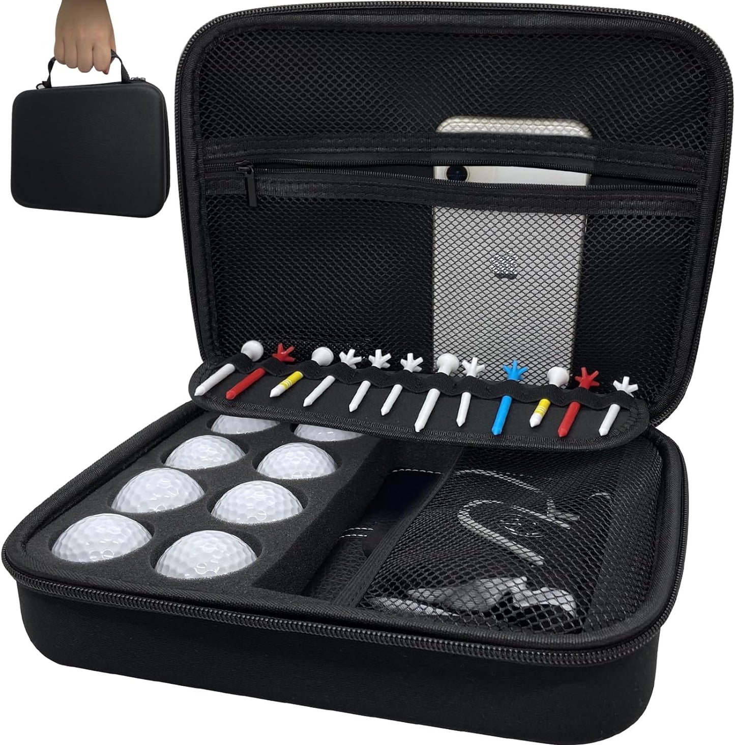 Golf Ball Bag Case, Golf Mini Pouch Organizer Bag for Golf Accessories Tee Ball Marker Glove Cellphone Key, Golf Valuables Protective Box, Golf Hard Case with Storage Slots Men and Women Golfer Gift
