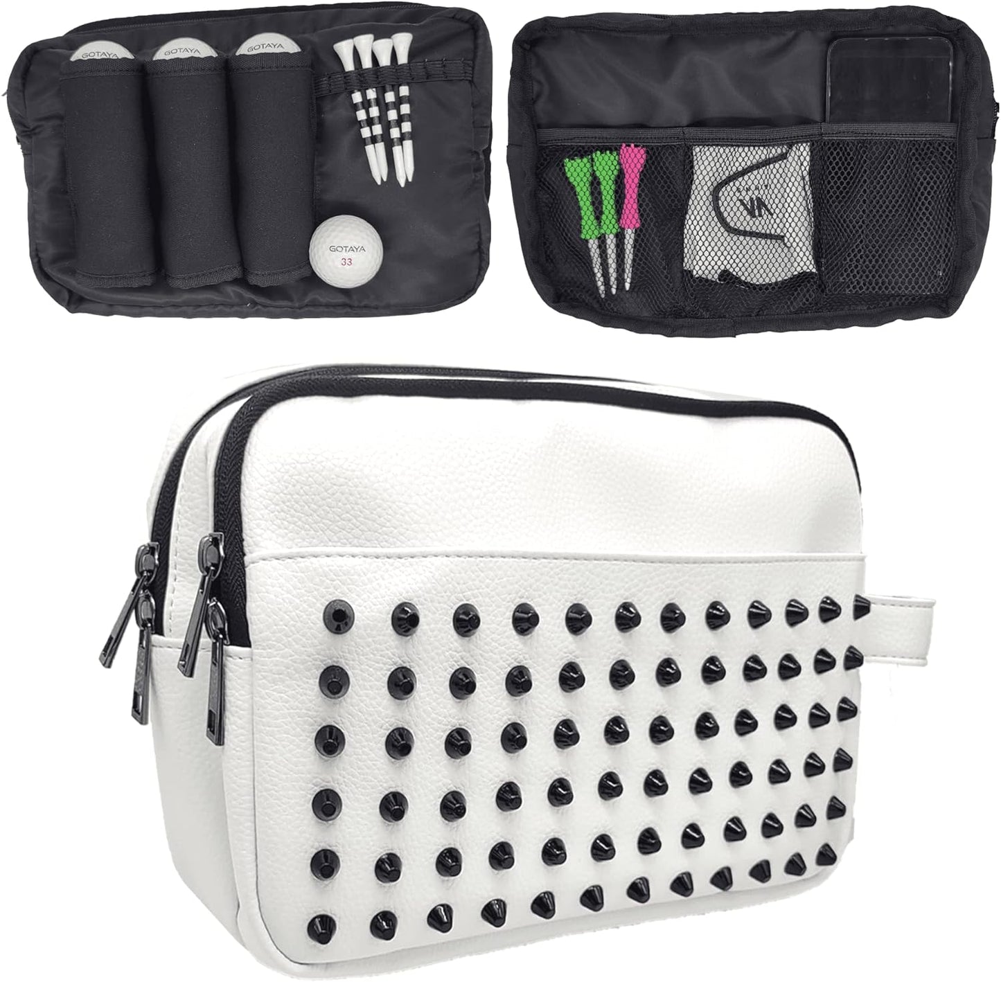 Golf Valuables Pouch Organizer Studded Bag for Accessories | Tee Ball Marker Glove Cellphone Key | Golfer Gift Women Men Cart Travel