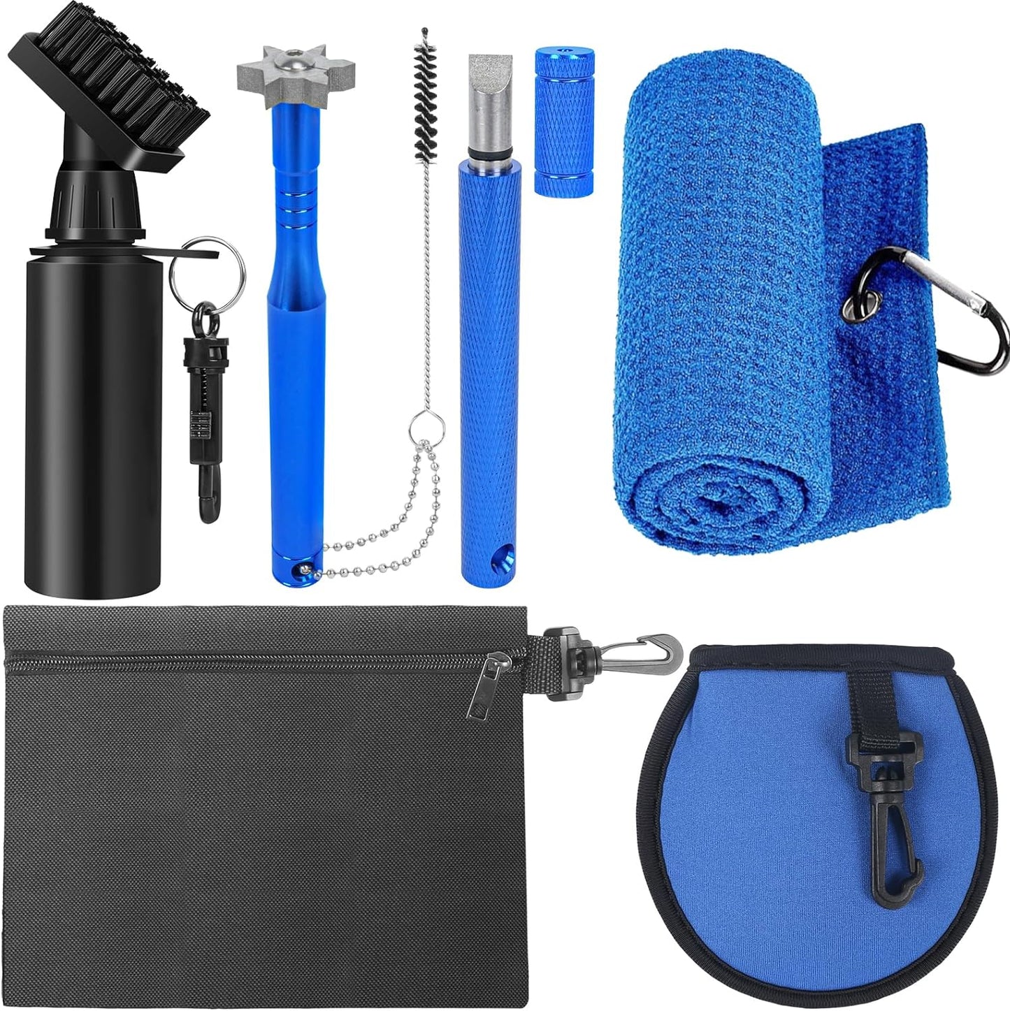 Pro 7 in 1 Golf Club Cleaning Kit, Golf Water Brush with Extending Lanyard, 3 Golf Club Groove Sharpener Set, Golf Towel, Golf Ball Washer Pouch and Golf Pouch Bag, Golf Essentials Kit for Men, Blue