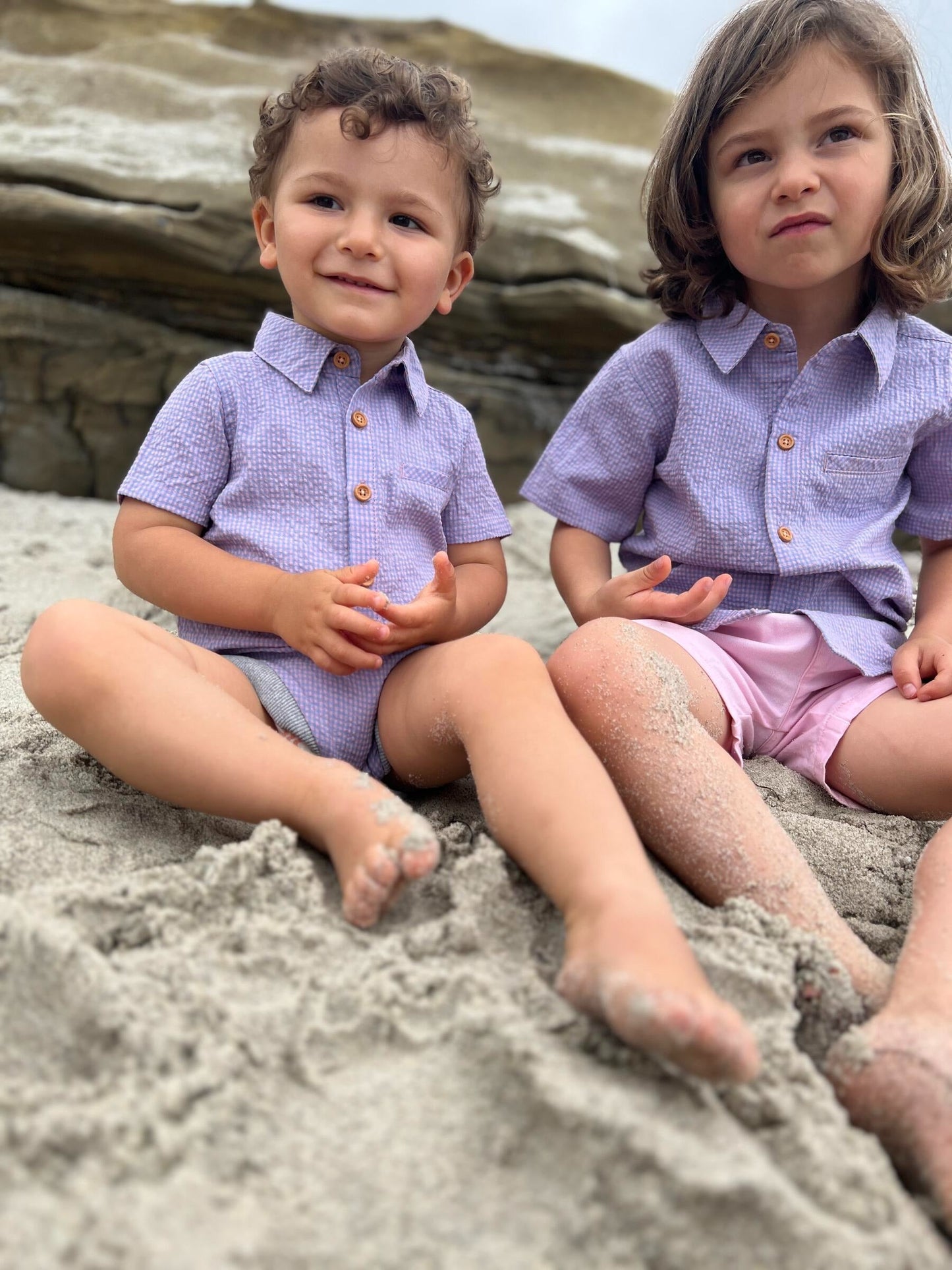 Me & Henry Helford Blue/Pink Plaid Seersucker Woven Onesie