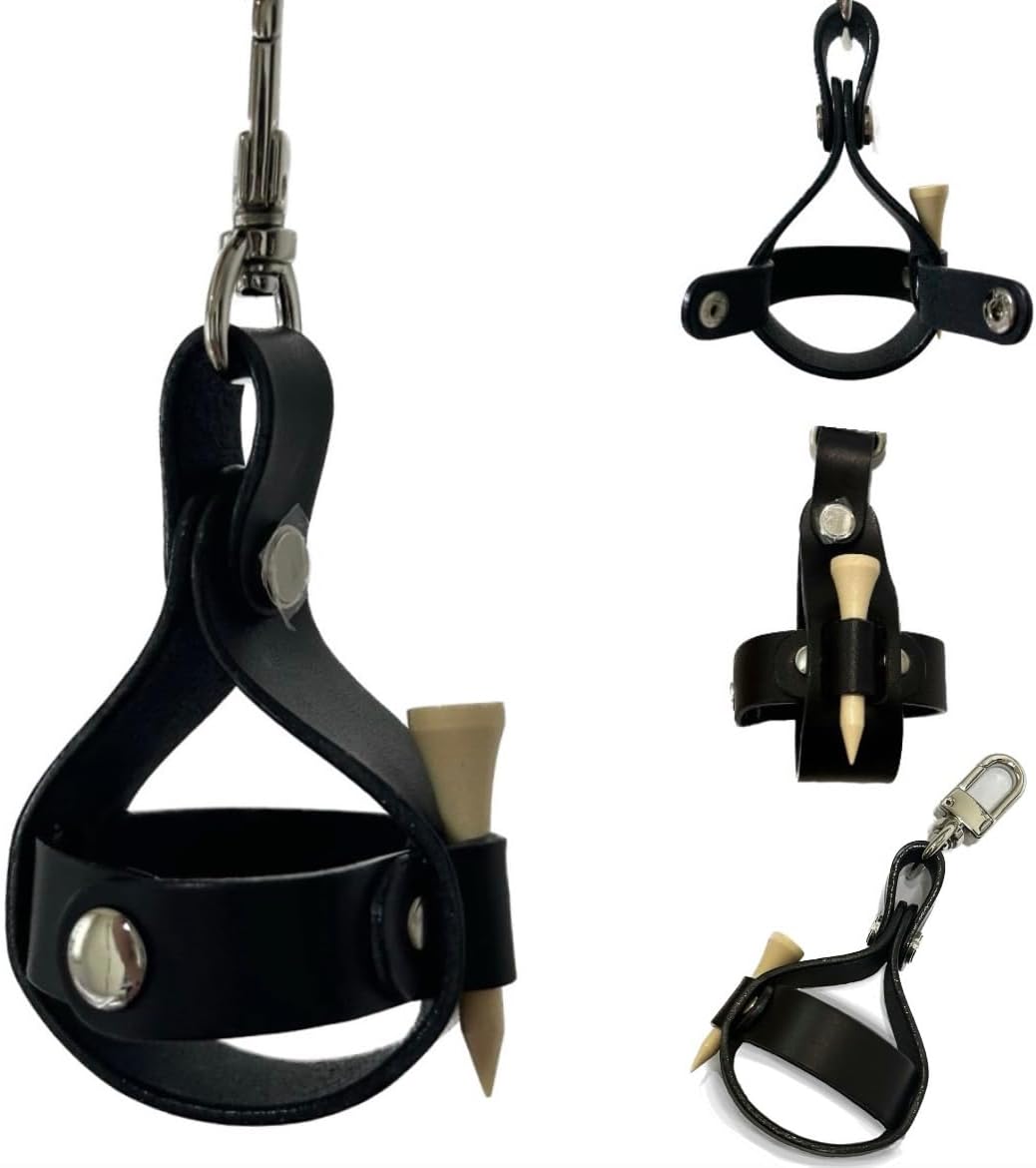 SUNDAYSKA Handmade Leather Golf Ball Holder with Tee Slot - Snap Button Closure (Black/Camel/Green)