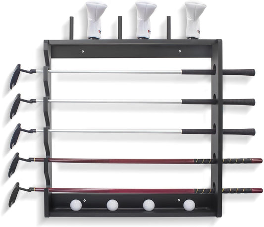 Golf Club Holder Rack - Indoor Wooden 5 Golfs Putter Storage Wall Mount Stand, Golf Gifts for Men Organizer for Sticks Clubs/Putter/Golf Balls/Head Covers, Black Morden Display Style, 25" Length Slot