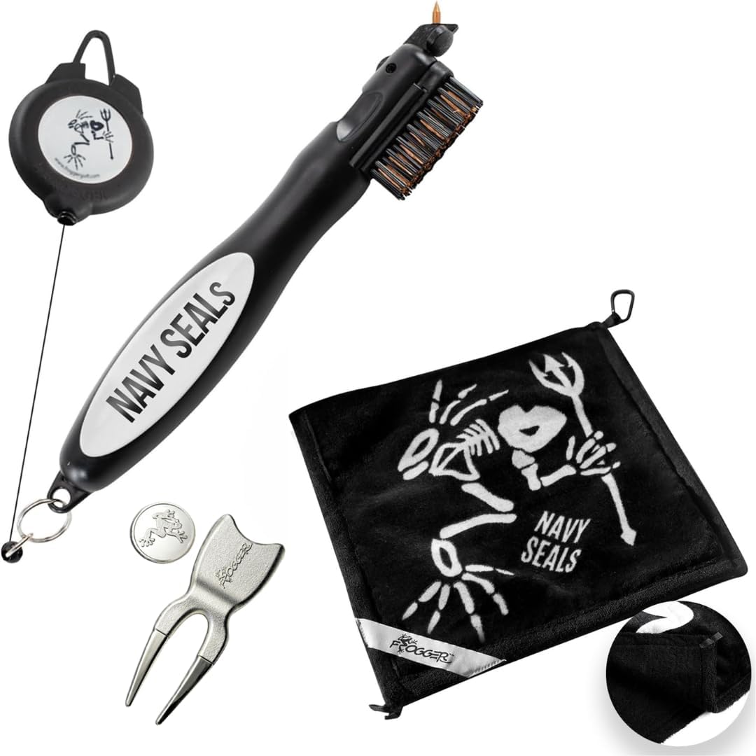 Frogger BrushPro, Amphibian Towel, and HOP! Divot Tool Bundle - Golf Brush and Groove Cleaner, Wet/Dry Golf Towel, and Magnetic Ball Marker - Golf Course Essentials, Navy Seals