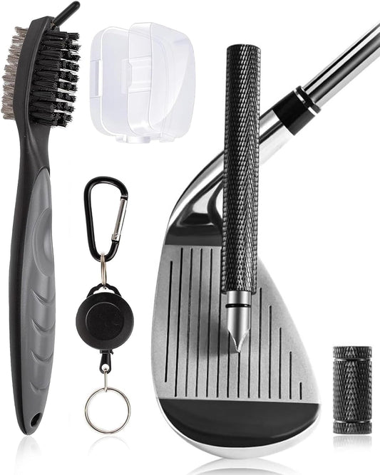 Golf Club Brush Cleaning Kits: Golf Club Brush and Groove Sharpener Cleaner Tool Set with 2Ft Retractable Zip-line Carabiner for All Golf Irons, Metal Groove Sharpener fit for U & V-Grooves