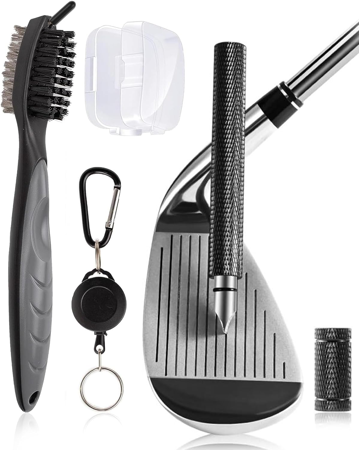 Golf Club Brush Cleaning Kits: Golf Club Brush and Groove Sharpener Cleaner Tool Set with 2Ft Retractable Zip-line Carabiner for All Golf Irons, Metal Groove Sharpener fit for U & V-Grooves