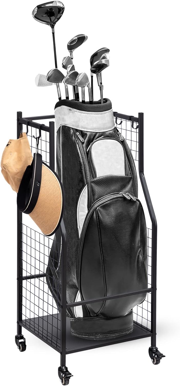 PARANTA Golf Bag Storage Rack with Wheels, Golf Bag Stand with Movable Hooks, Suitable for Storage Organizer of Golf Equipment and Accessories in Garage, Basement and Club, Black