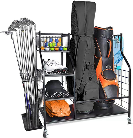 Golf Bag Storage Rack for Garage, Golf Bag Storage Organizer, Golf Bag Stand, Golf Storage Organizer Fit for 2 Golf Bags and Golf Equipment Accessories, Large Size Golf Storage Rack