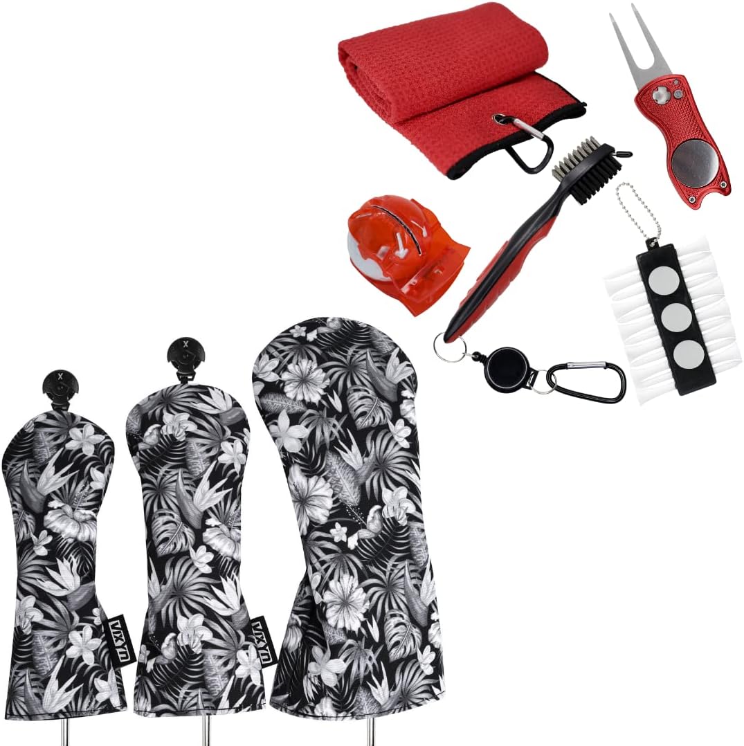 Golf Accessories Gift Set - Golf Headcovers, Golf Towel, Golf Club Brush with Groove Cleaner, Foldable Divot Repair Tool with Ball Marker, Golf Ball Marker and Golf Tee Holder