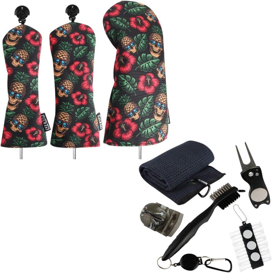 Golf Accessories Set - Golf Club Covers, Golf Towel, Golf Club Brush with Groove Cleaner, Foldable Divot Repair Tool with Ball Marker, Golf Ball Marker and Golf Tee Holder