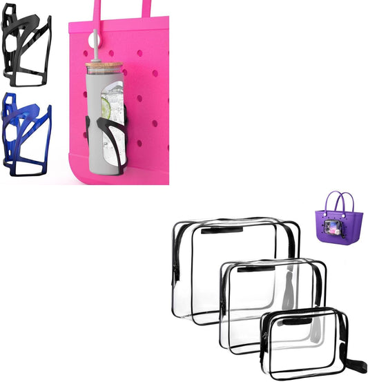 OUTXE 2 Pack Cup Holder for Bogg Bag, OUTXE 3 Pack Clear Insert Bag for Bogg Bag Accessories, Zipper Insert Pouch for Bogg Bag, Waterproof Clear Inner Bags Compatible with Bogg Bag