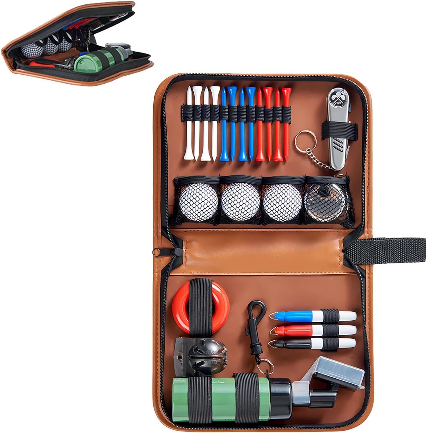 Golf Accessories Kit for Beginners, Faux Leather Golfs Set Tool Carrying Bag Multifunction Bag Balls Long-Tees Marker Knife Counter Cleaning Brush Golfer's Accessory Classic Brown