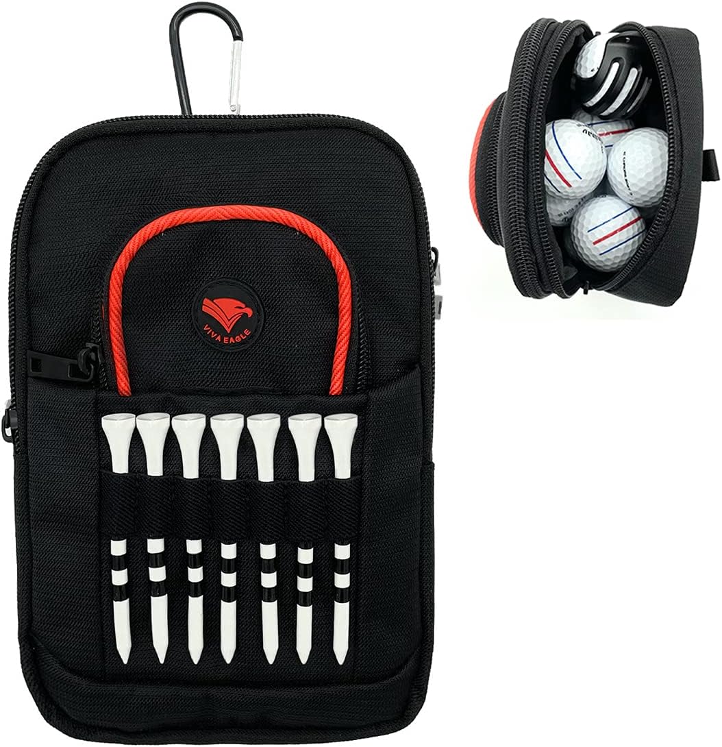 Golf Ball Bag Pouch with Front Tee Holder with Detachable Clip | Store 12-15 Balls | Zipper Pockets for Valuables and Accessories | Velcro Sleeve and 7 Front Tees Slots |Includes Bamboo Tees 3 1/4 in
