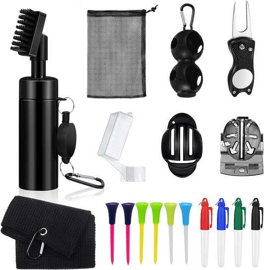 Golf Accessories Kit,Golf Club Cleaner Brush Golf Towel,Divot Repair Tool,4PCS Golf Marking Pen,Ball Holder,6PCS Golf Tee,2PCS Golf Ball Alignment,Golf Water Brush-Golf Club Cleaning Kit