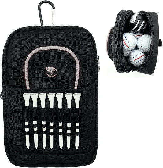 Golf Ball Bag Pouch with Front Tee Holder with Detachable Clip | Store 12-15 Balls | Zipper Pockets for Valuables and Accessories | Velcro Sleeve and 7 Front Tees Slots |Includes Bamboo Tees 3 1/4 in