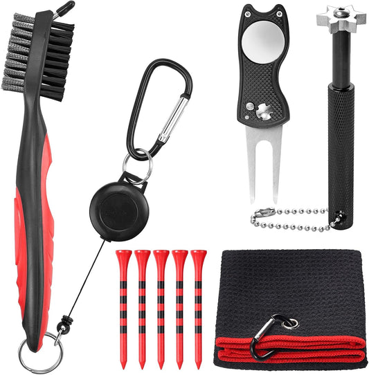 VINTEAM Golf Accessories Gift Set, Golf Towel, Golf Club Brush with Groove Cleaner, Foldable Divot Repair Tool with Ball Marker, Club Groove Cleaner Set and Golf Tee Holder - Golf Club Cleaning Kit