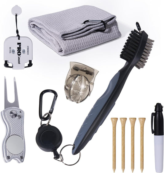 Golf Bag Accessories Set with Golf Tees,Scorer,Golf Towel,Cleaning Brush,Divot Tool,Golf Ball Markers,Golf Gifts for Men Golfers