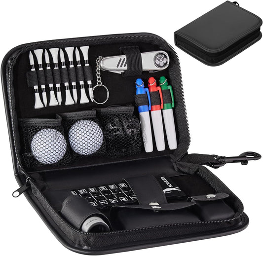 MAZEL Men Golf Accessories Set Including Golf Accessories Bag Case,Golf Balls,Golf Tees,Ball Clamp,Ball Marker & Ball Marking Stencil,Rangefinder,Brush,Multifunctional Divot Tool,Scorer