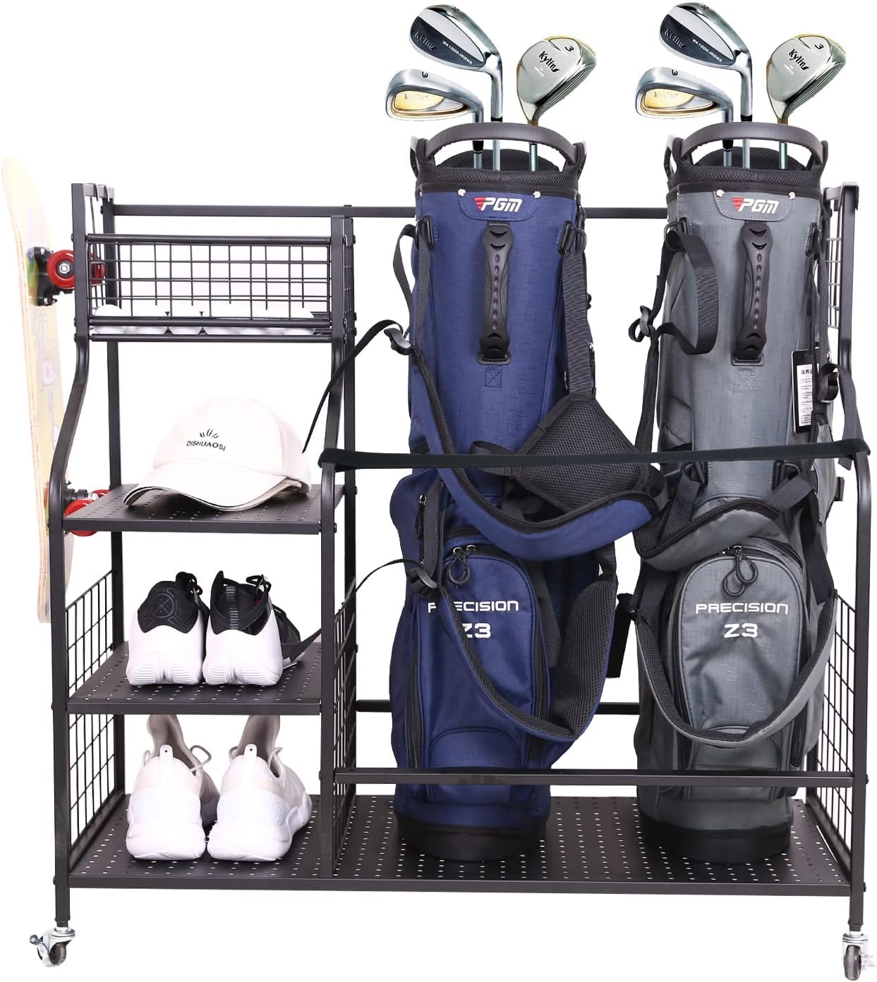 Golf Bag Organizer Golf Club Holder Golf Bag Storage Rack for Garage Extra Large Sports Equipment Organizer Stand Fits for 2 Golf Bags, Outdoor Toy Storage