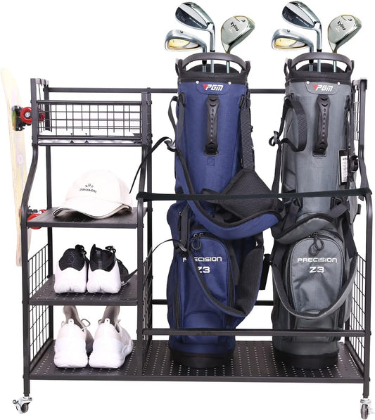 Golf Bag Organizer Golf Club Holder Golf Bag Storage Rack for Garage Extra Large Sports Equipment Organizer Stand Fits for 2 Golf Bags, Outdoor Toy Storage