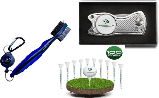Procella Golf Club Brush, Divot Tool Set, and Golf Tees Bundle