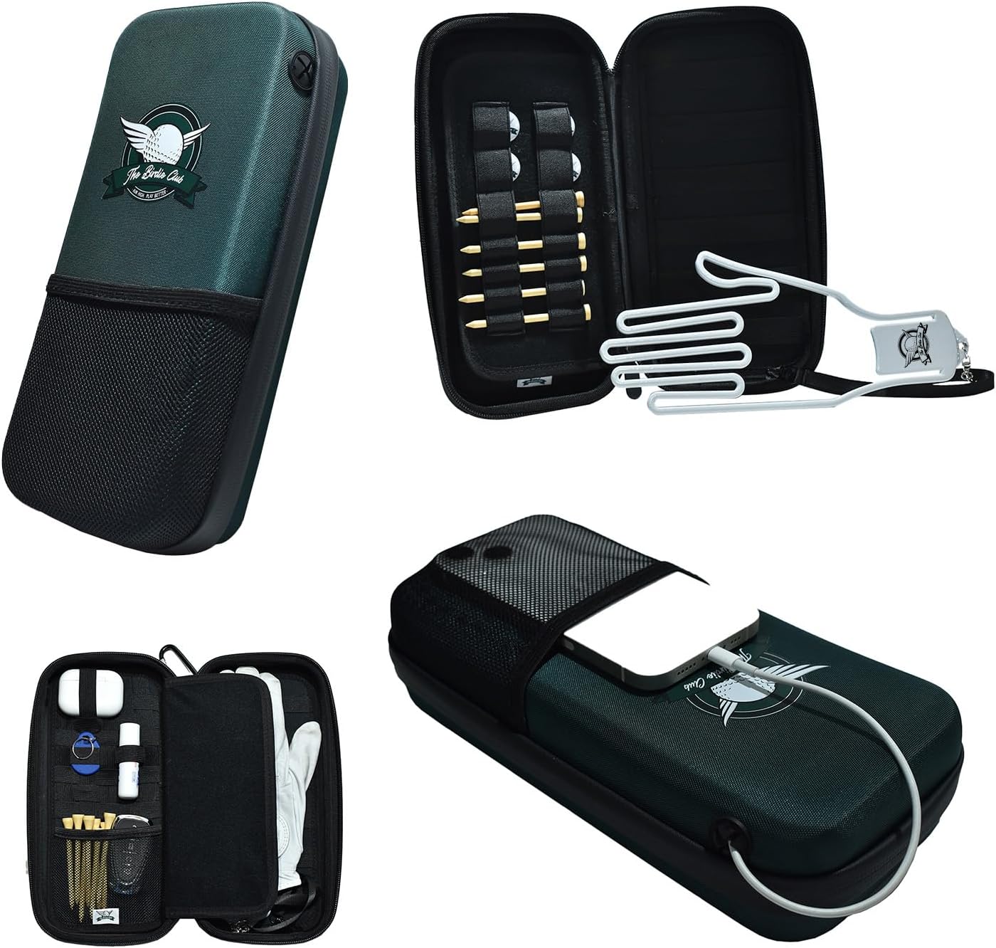 Golf Glove Case - Golf Caddie Case with Phone Charging Cable Hole, Removable Glove Holder and Three Bonus Ball Markers - Bag Organizer for Golf Tees and Ball Markers