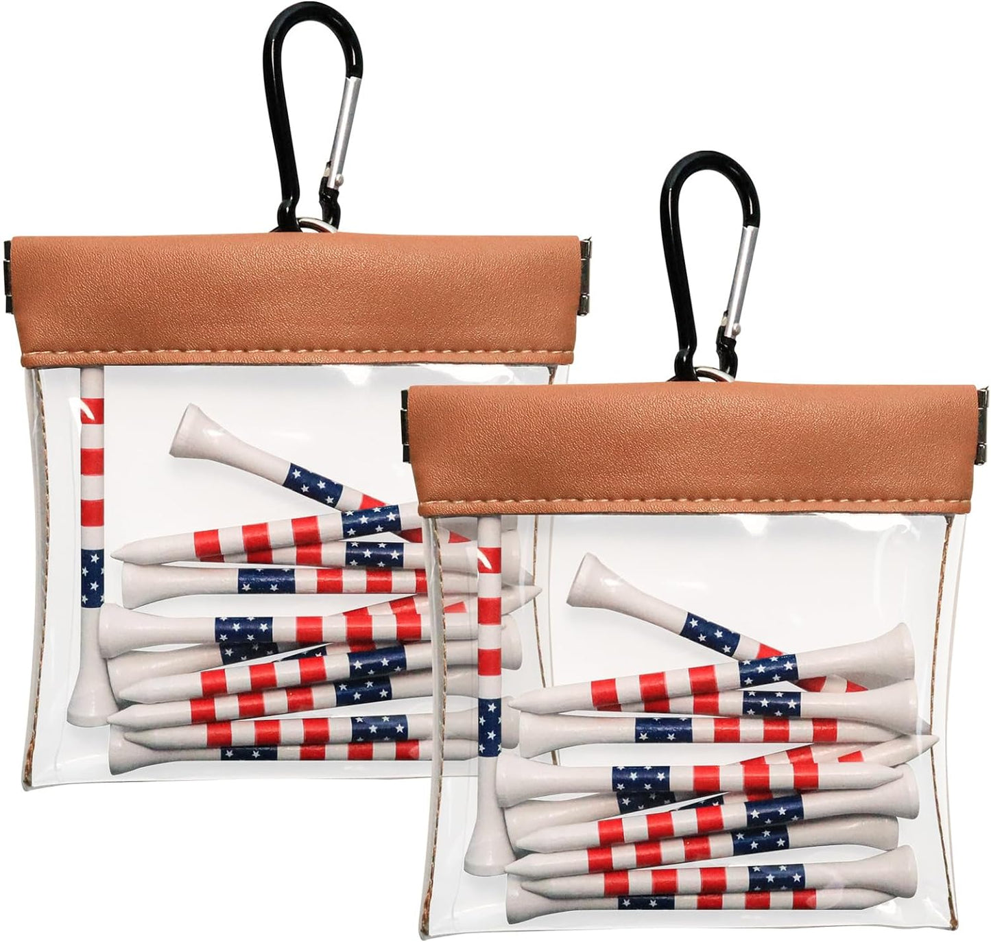 FINGER TEN Transparent Golf Tee and Ball Bag Valuables Pouch with Clip Squeeze Top Golf Tee Holder Including Wood Bamboo Tees (2 in Brown)