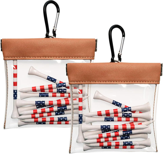 FINGER TEN Transparent Golf Tee and Ball Bag Valuables Pouch with Clip Squeeze Top Golf Tee Holder Including Wood Bamboo Tees (2 in Brown)