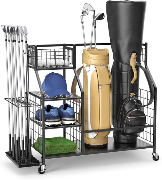 Golf Storage Organizer for Garage, Golf Organizer for Golf Accessories, Golf Club Storage Stand, Golf Equipment Rack with Lockable Wheels for Garage,Shed, Basement