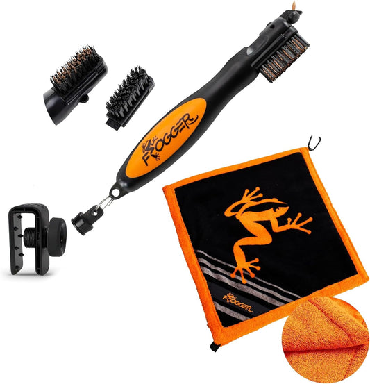 Frogger BrushPro Latch-It and Amphibian Towel Bundle - Golf Brush and Groove Cleaner with Ergonomic Grip and Golf Club Wet/Dry Towel - Golf Course Essentials, Orange