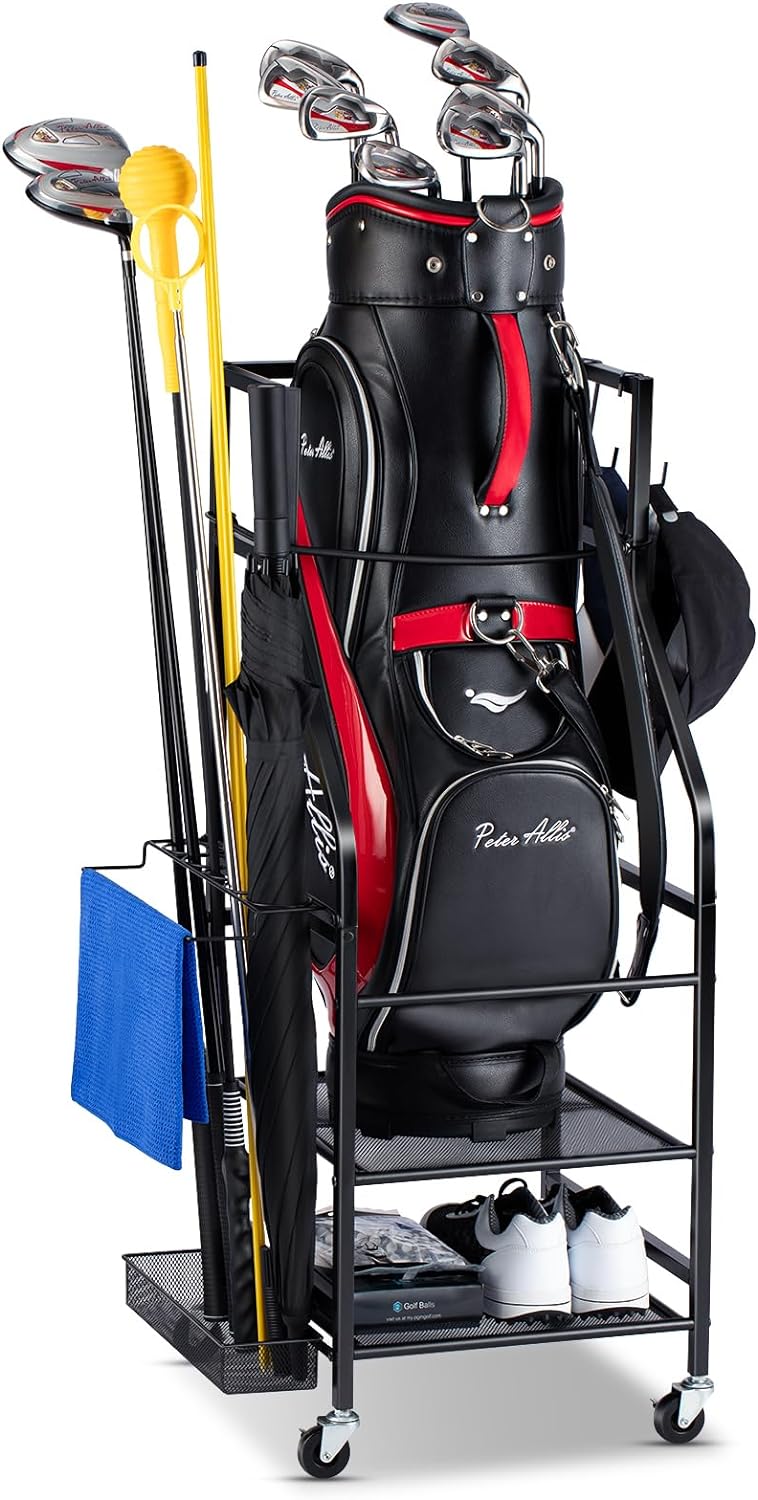 Golf Bags Storage Garage Organizer - Golf Bag Stand Fit Single Golf Bags, Golf Clubs, and Golf Equipment Accessories, Golf Bag Storage Rack with Wheels for Garage, Club, Shed, Basement