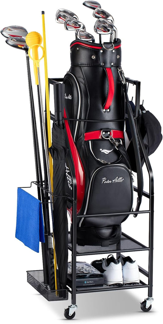 Golf Bags Storage Garage Organizer - Golf Bag Stand Fit Single Golf Bags, Golf Clubs, and Golf Equipment Accessories, Golf Bag Storage Rack with Wheels for Garage, Club, Shed, Basement