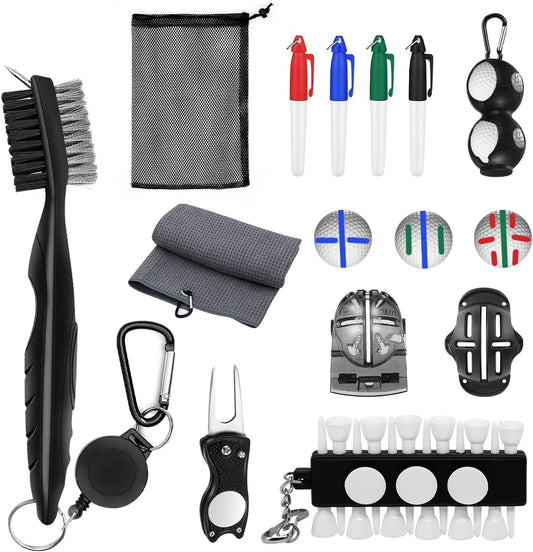 montela golf Accessories Kit,New Golf Club Cleaning Kit-Golf Club Brush,Golf Towel,Divot Repair Tool,2pcs Golf Ball Marker,4pcs Golf Mark Pen,Ball Holder Golf Tee Holder with 12pcs Golf Tee