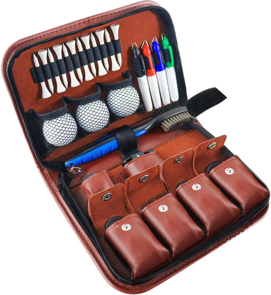 Golf Gifts for Men Golfers, Golf Accessories Set with Hi-End Case, Golf Balls, Golf Tees, Scorer, 4 Golf Ball Marking Stencils & 4 Colors Golf Ball Markers, Brush with Retractable Zip-line