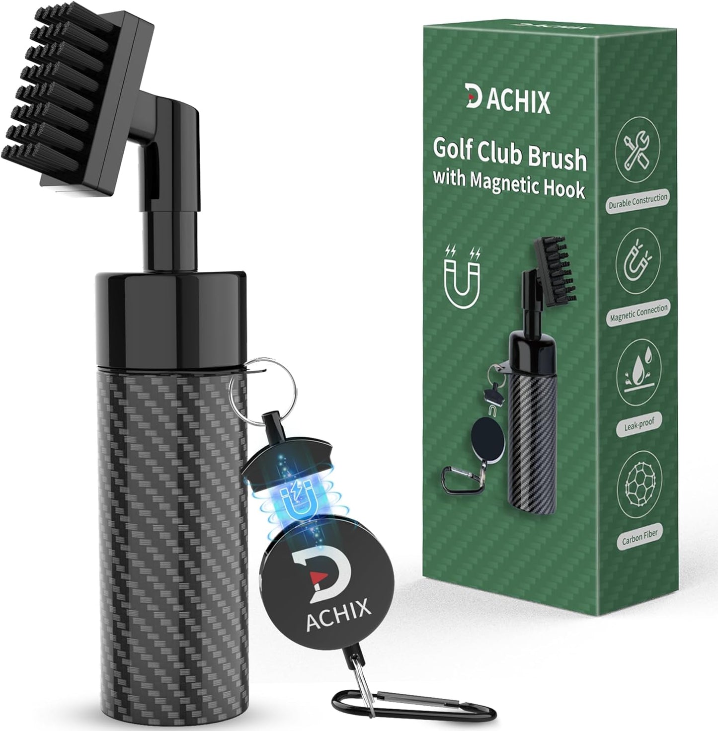 Golf Club Cleaner Brush with Magnetic Clip, 8-Inch Carbon Fiber Golf Club Brush Holds 5 Ounces of Water with Press-Spray Design, Must Have Golf Accessories for Men & Best Golf Gift for Golf Lovers