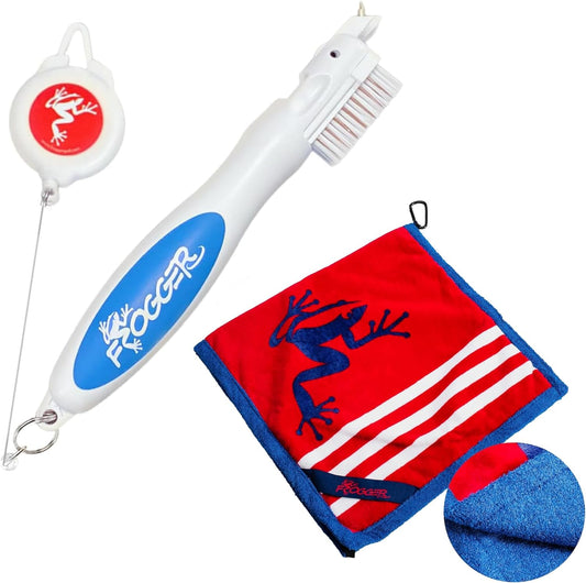 Frogger BrushPro and Amphibian Towel Bundle - Golf Brush and Groove Cleaner with Ergonomic Grip and Golf Club Wet/Dry Towel - Golf Course Essentials, Patriot