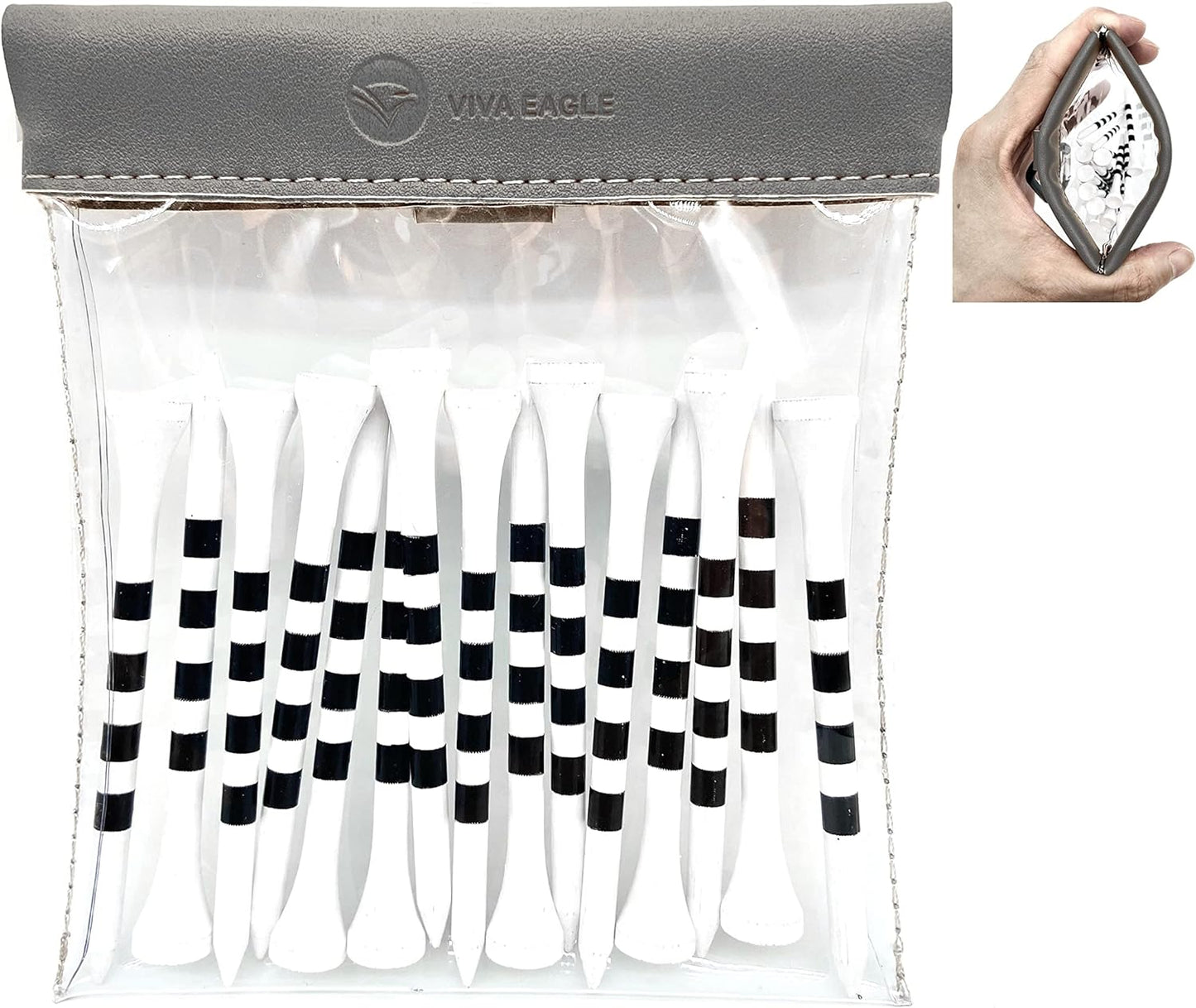 Golf Tees Pouch Bag with Clip, Clear Transparent Squeeze Top Pocket to Store Golf Accessories and Valuables | 15 Bamboo Tees Included