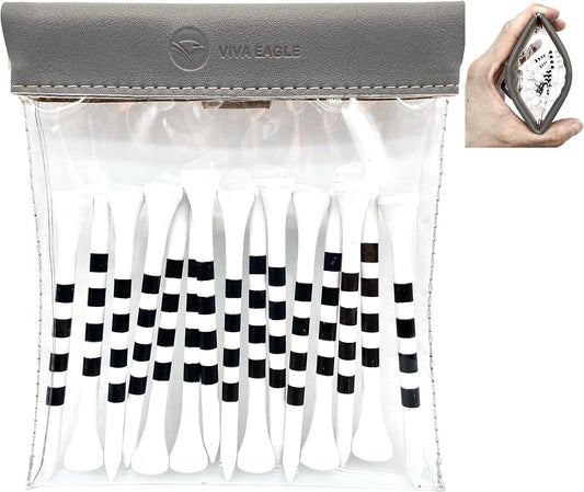 Golf Tees Pouch Bag with Clip, Clear Transparent Squeeze Top Pocket to Store Golf Accessories and Valuables | 15 Bamboo Tees Included