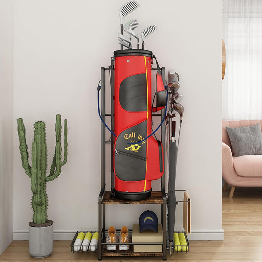 Golf Bag Storage Garage Organizer, 2 Tier Golf Bags Organizer Stand Rack, Wooden Golf Clubs Bag Organizer Single, Golfing Equipment Accessories for Garage, Club, Shed, Basement