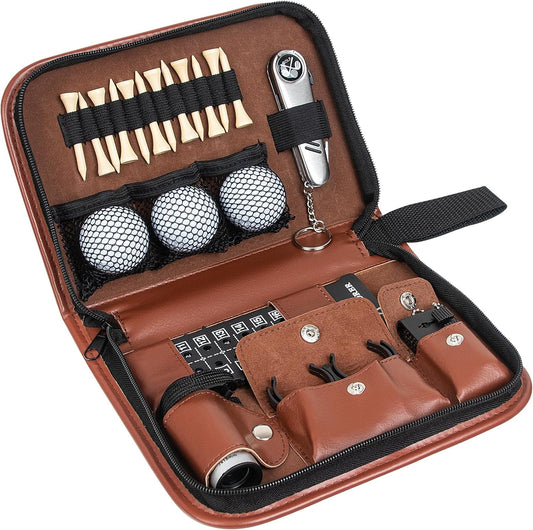 Golf Accessory Set with High-Grade Leather Case All in one Bag Golf Balls, Tees, Cleaning Brush,Scorer and Range Finder, Multifunctional Divot Knife