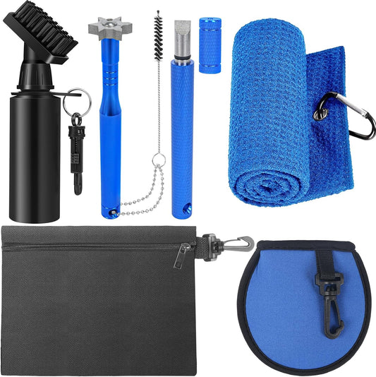 Pro 7 in 1 Golf Club Cleaning Kit, Golf Water Brush with Extending Lanyard, 3 Golf Club Groove Sharpener Set, Golf Towel, Golf Ball Washer Pouch and Golf Pouch Bag, Golf Essentials Kit for Men, Blue
