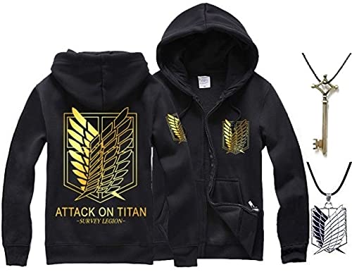 Delivering Love & Peace Attack On Titan Hoodie Basement Key & Necklace Set Survey Corps Wings Of Freedom Cosplay Costume (L Black Gold Wings) Japan