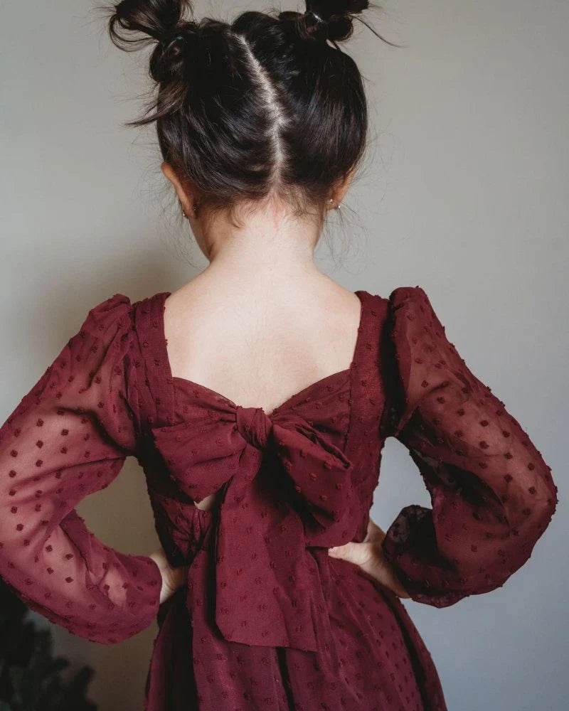 Bailey's Blossom- Rowan Tie Back Dress - Plum Swiss Dots